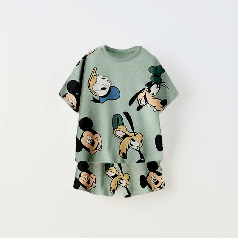 Cartoon Print Tshirt+Shorts Two Piece Set For Kids New Fashion Costume Boys And Girls Donald Duck Full Print Short Sleeve Shorts