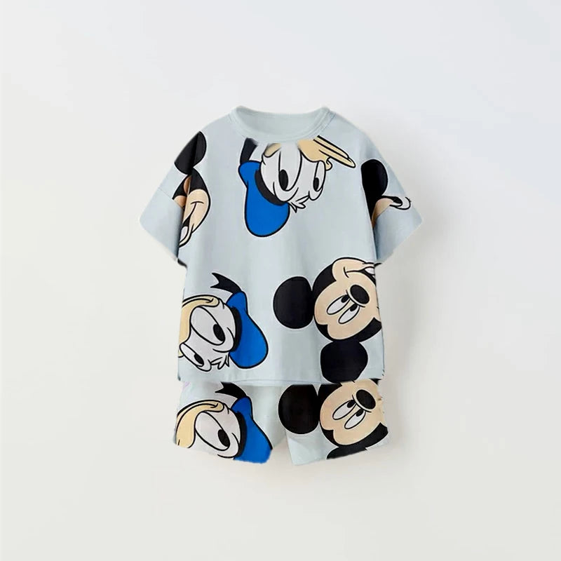 Cartoon Print Tshirt+Shorts Two Piece Set For Kids New Fashion Costume Boys And Girls Donald Duck Full Print Short Sleeve Shorts